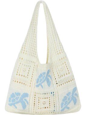 Women's Light Blue Aesthetic Mesh Beach Tote Bag Summer Vacation Knitted Bag